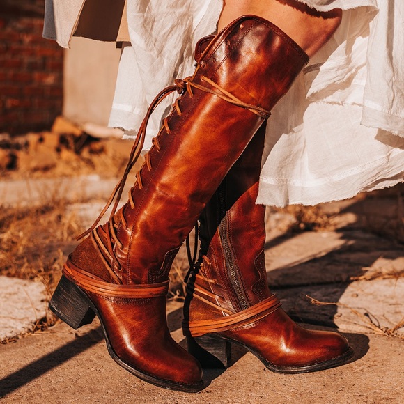 freebird Shoes - Freebird Coal Lace-Up Tall Leather Boots in Chestnut Brown/Cognac